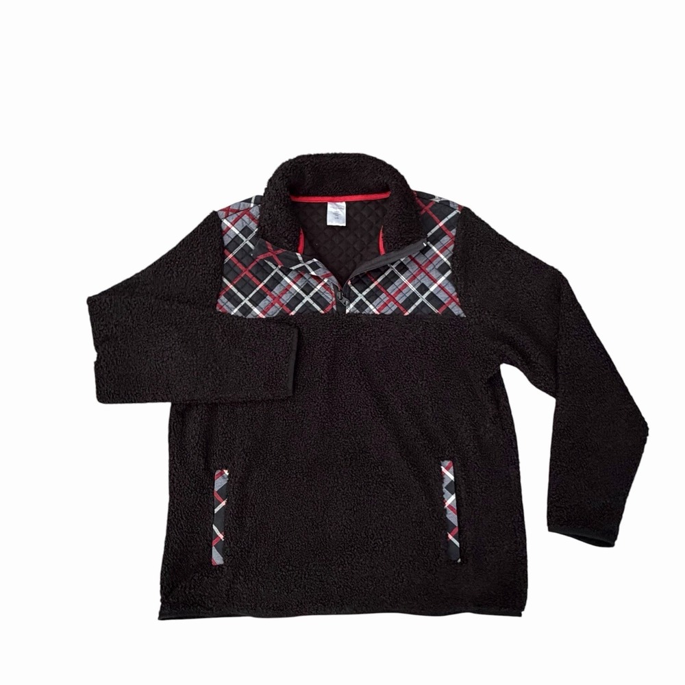 Vera Bradley Teddy Fleece 1/4 Zip Pullover Black Preppy Paris Plaid Womens L